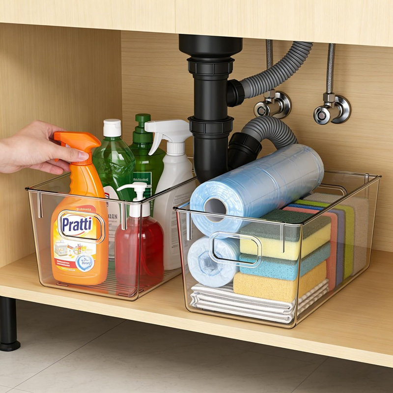 Paquet de 4 bacs de rangement en plastique transparent avec poignées, organisateurs de garde-manger et contenants de rangement, organisateur d'armoire, organisation incontournable pour la cuisine, la salle de lavage, le bureau, le placard, le garage et le congélateur