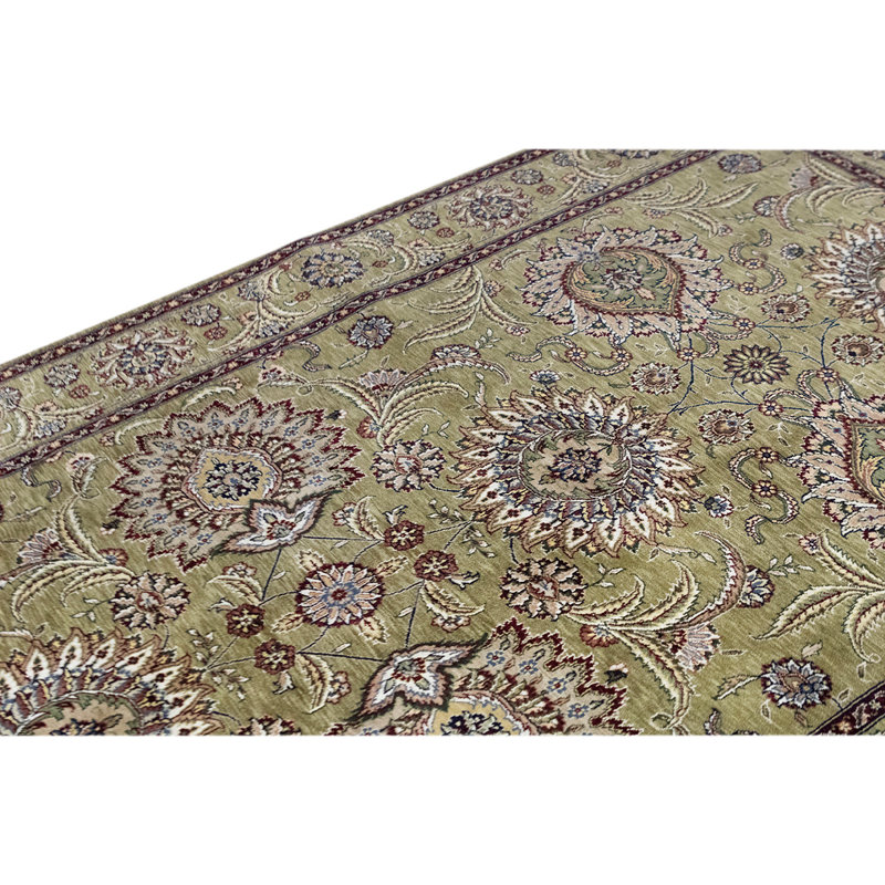 Tapis unique vert clair / ivoire / rouge noué à la main de haute qualité