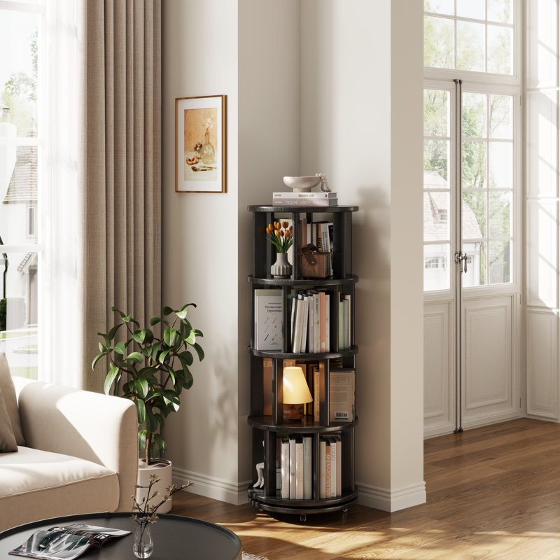 Oliver 360° Rotating Solid Wood Bookshelf, Equipped with Brake Wheels, Allowing for Flexible Adjustment, Black