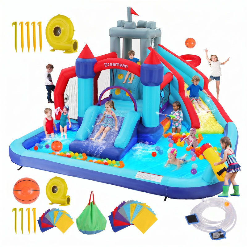 Glissade d'eau gonflable de 13,13 pi x 12 pi avec glissade d'eau gonflable Adam pour enfants - mur d'escalade, 2 glissades, éclaboussures et zone de trampoline - facile à installer et à gonfler avec un ventilateur de 580 W