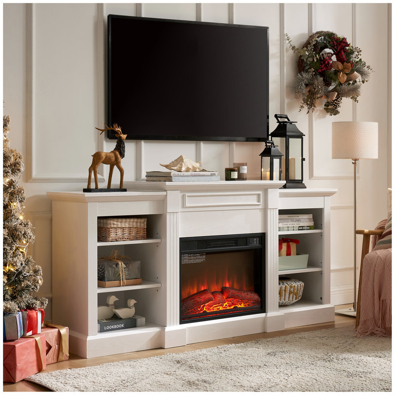 Media Console Table with Large Storage Cabinet, with 23" Fireplace Insert, for TV Up to 70'', Modern TV Media Entertaionment Stand, White, 65.75"W*17"D*32.48"H