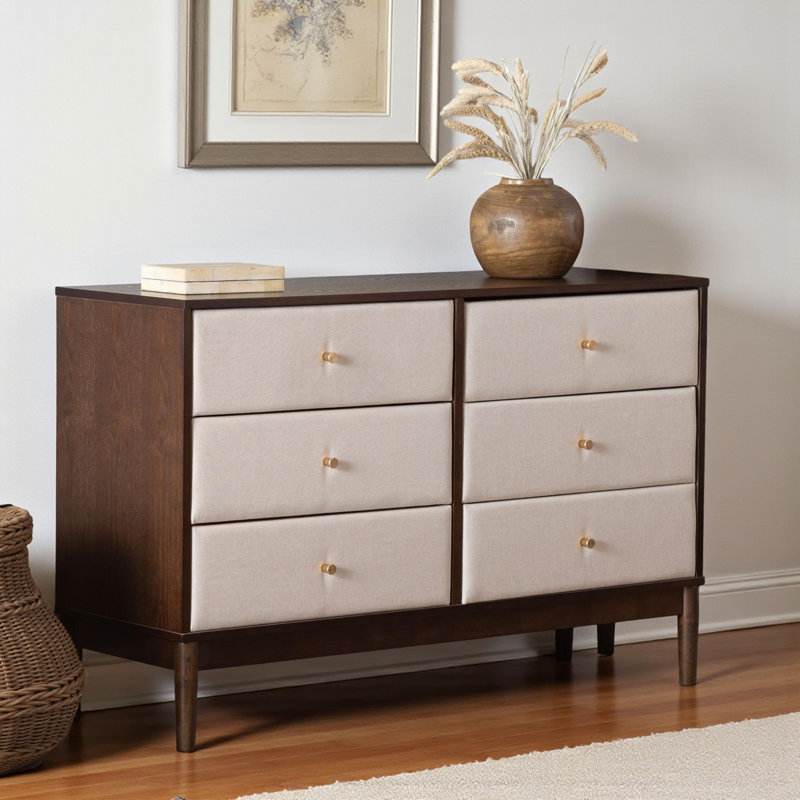 Commode 6 tiroirs Prinpop en tissu beige et bois brun wengé