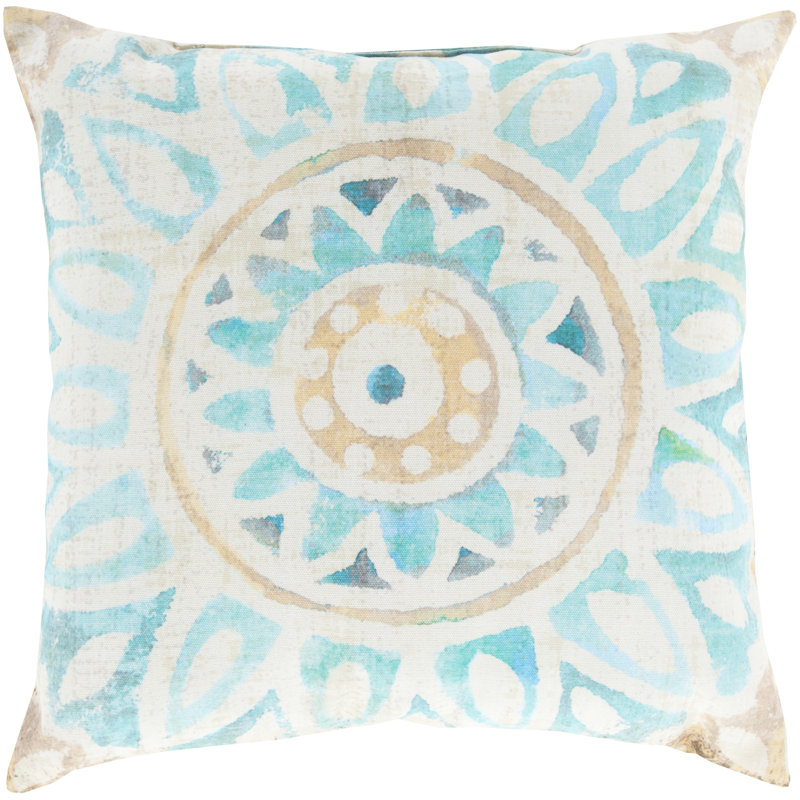 Turquoise and Beige Floral Square Indoor/Outdoor Pillow
