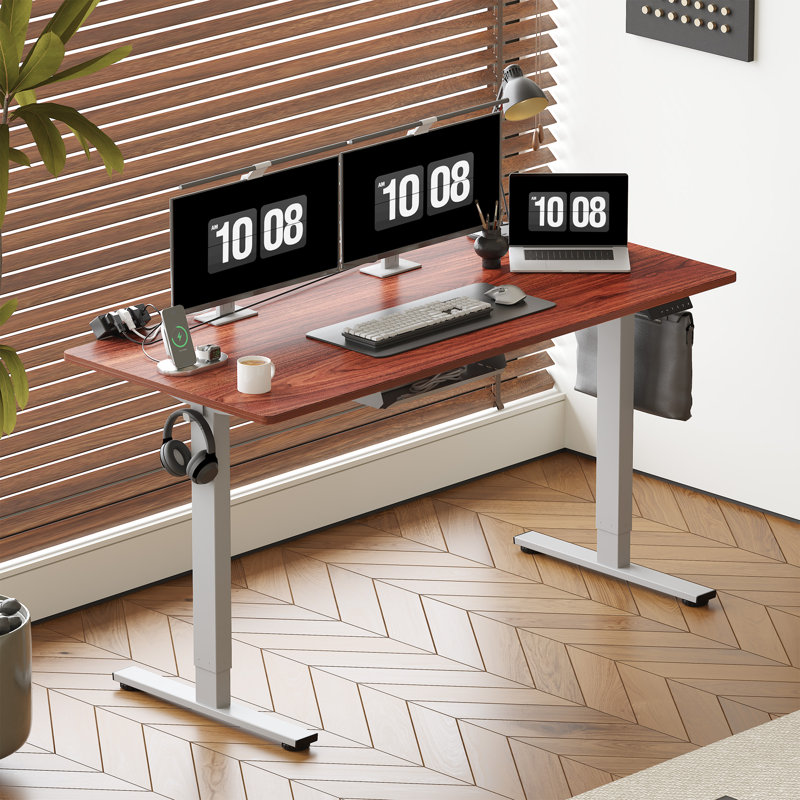 Adjustable Standing Desk, Whole-Piece Desktop, 60" W x 24" D, Mahogany/Gray