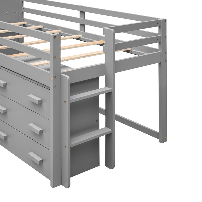Lit mezzanine simple gris avec armoire et tablette durables - fabrication en bois massif sécuritaire, Gris