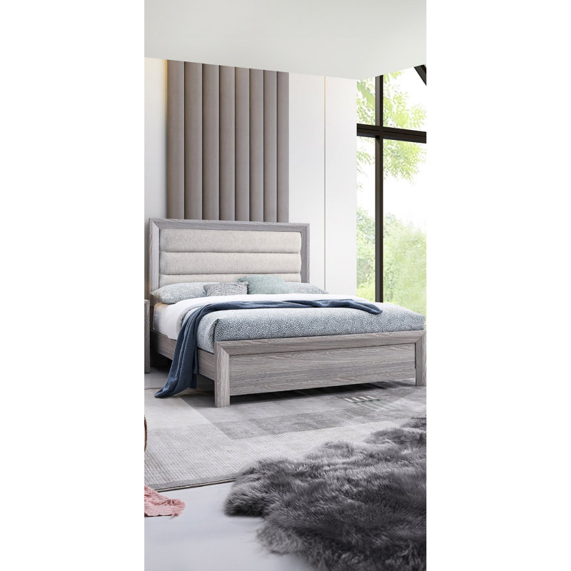 King Panel Bed Of Contemporary Style, Featuring Driftwood Finish, Upholstered Channel Headboard In Neutral Grey Hue Design, And Tufting