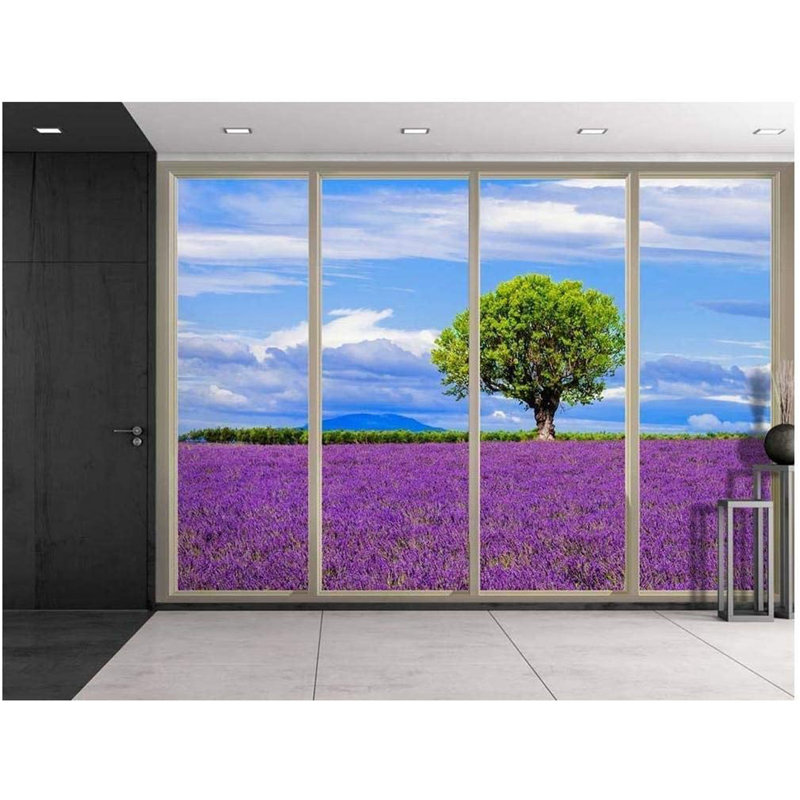 Arbre solitaire sur un champ mauve de fleurs, L 100 po x l 144 po