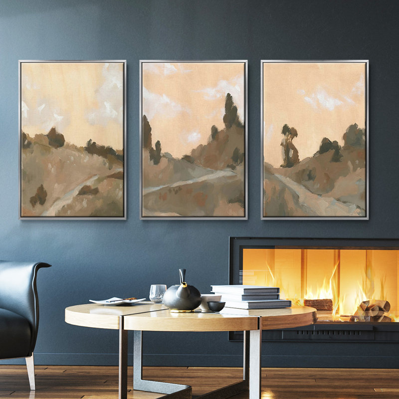 Hillside Walking Path IV, ensemble de 3 toiles encadrées sur toile, H 27 po x l 54 po, Encadrement argenté