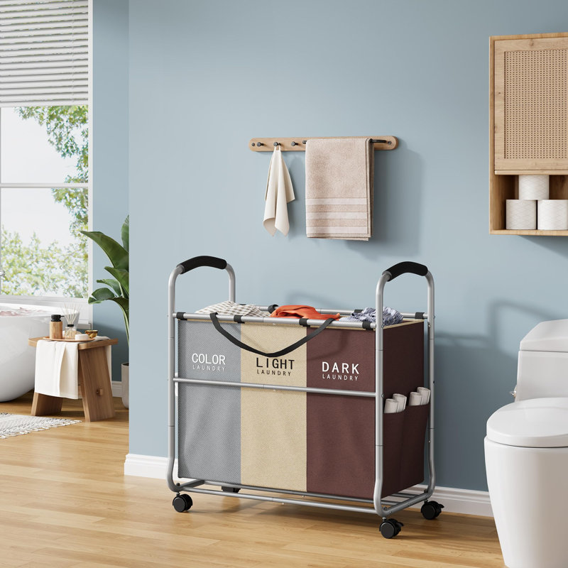 3 Section Laundry Hamper Sorter, Laundry Sorter Cart With Heavy Duty Lockable Wheels And Removable Bags, Laundry Separated Rolling Cart Basket For Clothes Storage, Gray+Beige