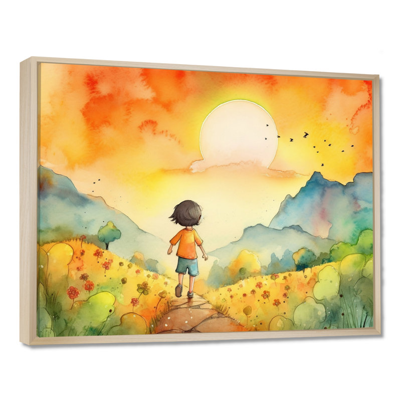 Enfants, art mural sur toile, H 16 po x l 32 po, Reproduction avec cadre flottant, Érable