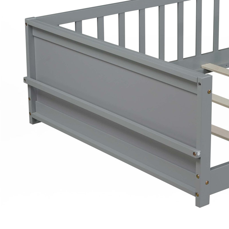 Floor Platform Bed With Built-In Book Storage Rack, Grey