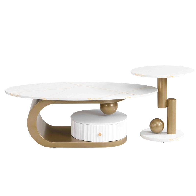 Table basse de salon moderne moderne doré de 2 - Tables ovales et rondes avec fabrication en métal stable Tiroir en plastique et faux marbre Assemblage facile