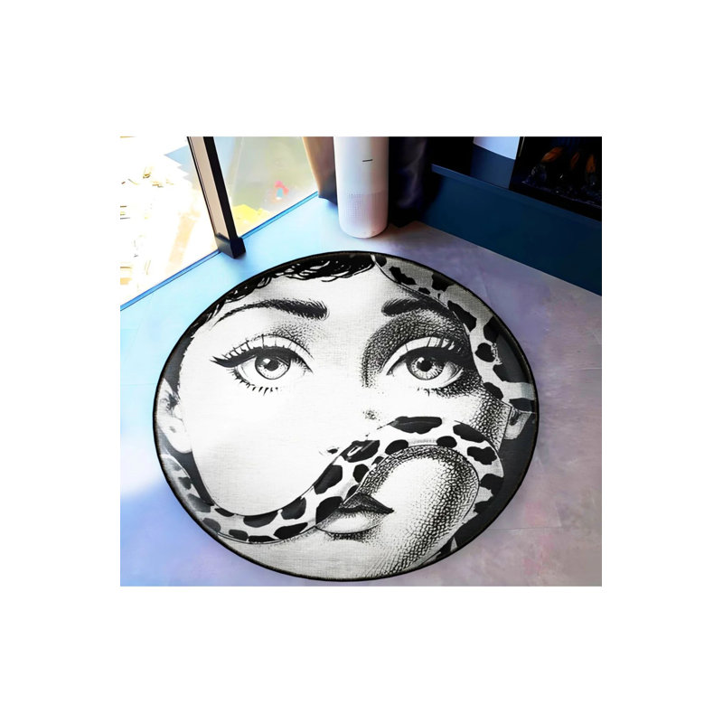 Black And Beige Women's Face And Snake Themed Woven Carpet, Round 5'