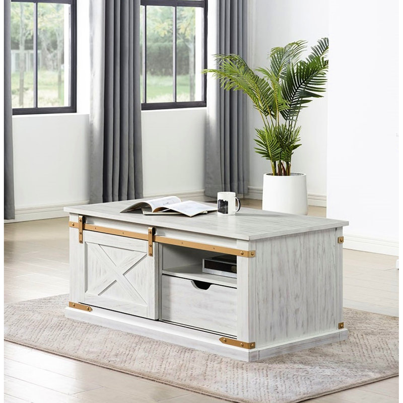 Table basse rustique 1pc avec tiroirs coulissants centraux blancs et dorés, tablettes ouvertes de style L 48 po x l 24 po H 20 1/4 po avec accents dorés, tiroir coulissant