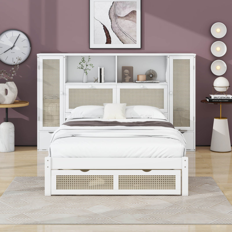 Lit simple multifonctionnel en rotin avec casiers de rangement et tiroir, Blanc