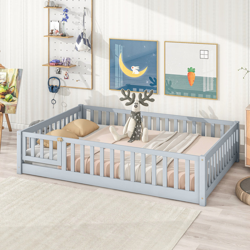 Lit de sol en bois d'hévéa polyvalent avec caractéristiques de sécurité et conception compacte, gris, Double