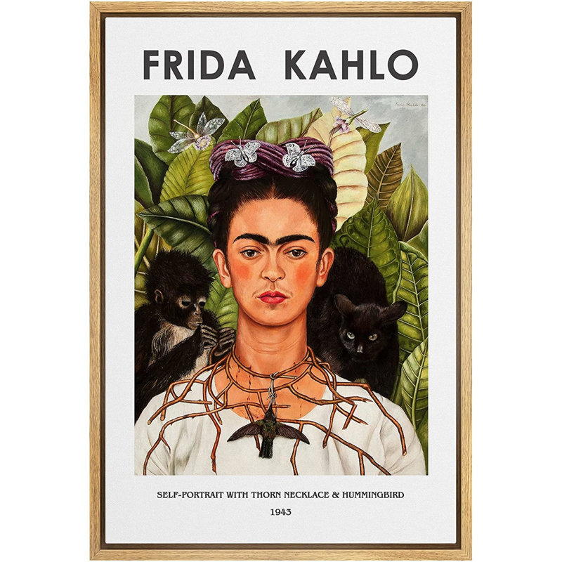 Art mural classique IDÉE4WALL, reproduction d'art sur toile, autoportrait, collier et colibri par Frida Kahlo, Naturel