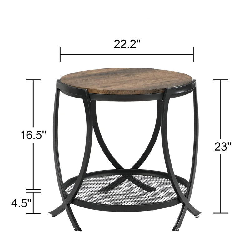 Rustic Brown Round Wood and Metal End Table with Storage Shelf