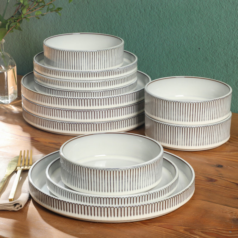 Gibson Elite 12 Piece (Service for 4) Townscape Plates and Bowls Reactive Glaze Embossed Round Dishes Terracotta Ceramic Dinnerware Set