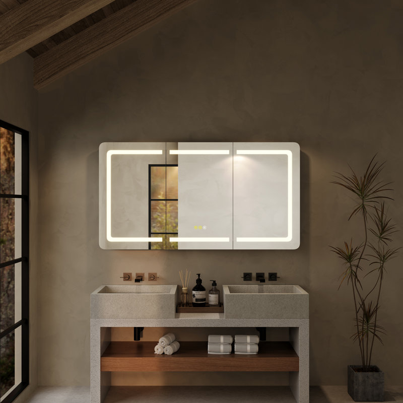 Armoire à pharmacie encastrée / à fixation en surface de 60 po x l 32 po avec miroir, désembueur, prises de courant et USB et miroir intérieur Frantzeska