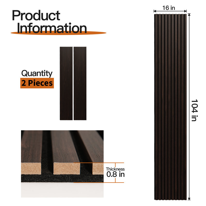 2Pcs 16''x104'' Wood Look Acoustic Wall Paneling,3D Sound proof Slat Wall Panels for Interior Wall Decor（23 sq.ft./Case）