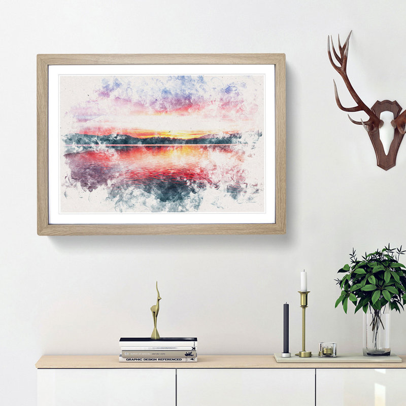 Sunset over Lake Windermere - Picture Frame Graphic Art Print, 33cm H x 45cm W x 2cm D, Oak Framed