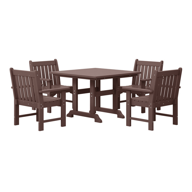 Laguna Poly 5-Piece Square Table Garden Arm Chair Dining Set, Dark Brown