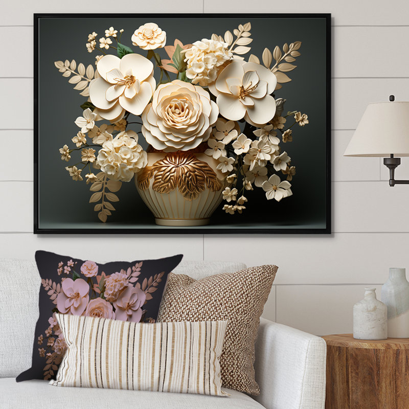 Hortensia baroque blanc et or VI sur toile, Cadre flottant noir, H 30 po x l 40 po x P 1,5 po