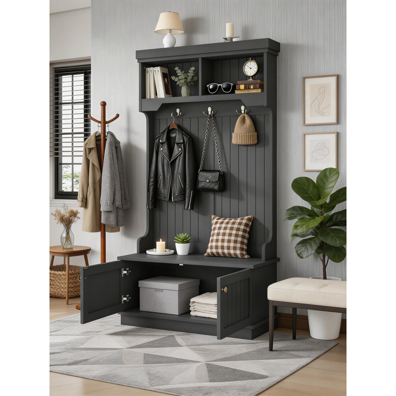 This Entryway Four-In-One Coat Rack With Storage And Shoe Bench Is A Simple Black Design With Hooks. It's Multifunctional And Practical, Suitable For The Living Room Or Entryway.