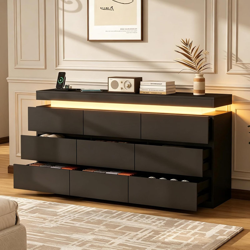 Modern 9-Drawer Dresser With LED Lights & Charging Station - Wide Chest Of Drawers, Large Storage Cabinet Organizer With USB Ports For Bedroom, Living Room, Closet