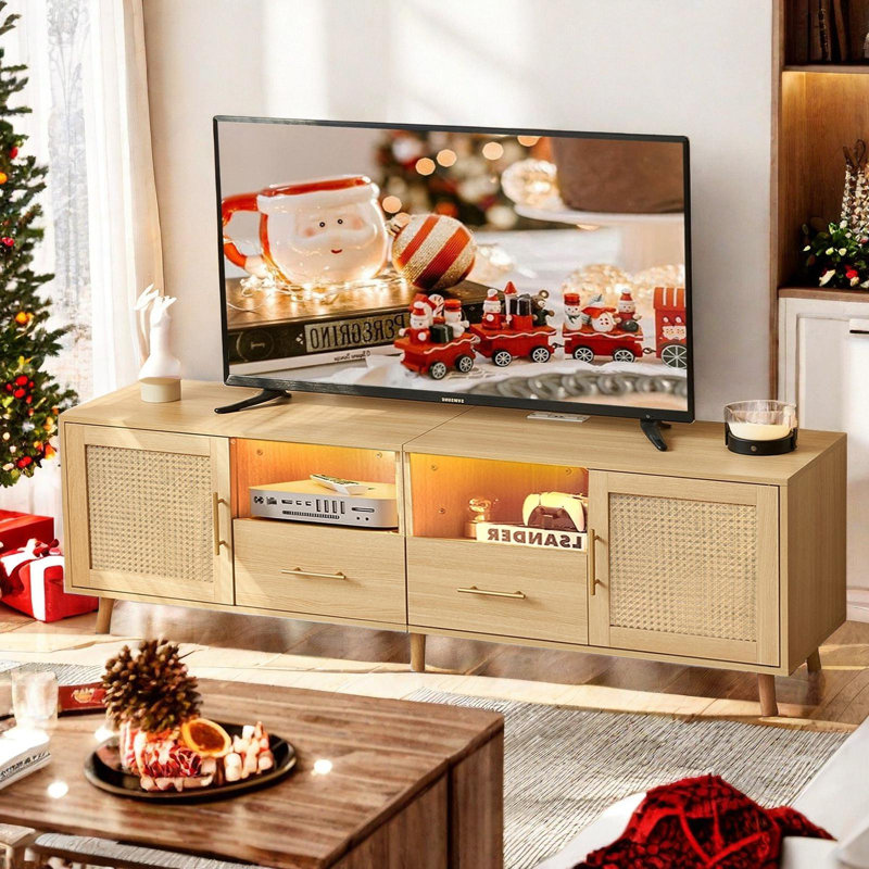 Natural Wood and Rattan TV Stand with LED Lights