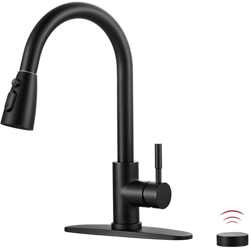 Robinet de cuisine sans contact en acier inoxydable: robinet d'évier de cuisine mobile à capteur de mouvement avec pulvérisateur WOWOW, robinet de cuisine intelligent automatique pour évier 1 ou 3 trous, noir mat