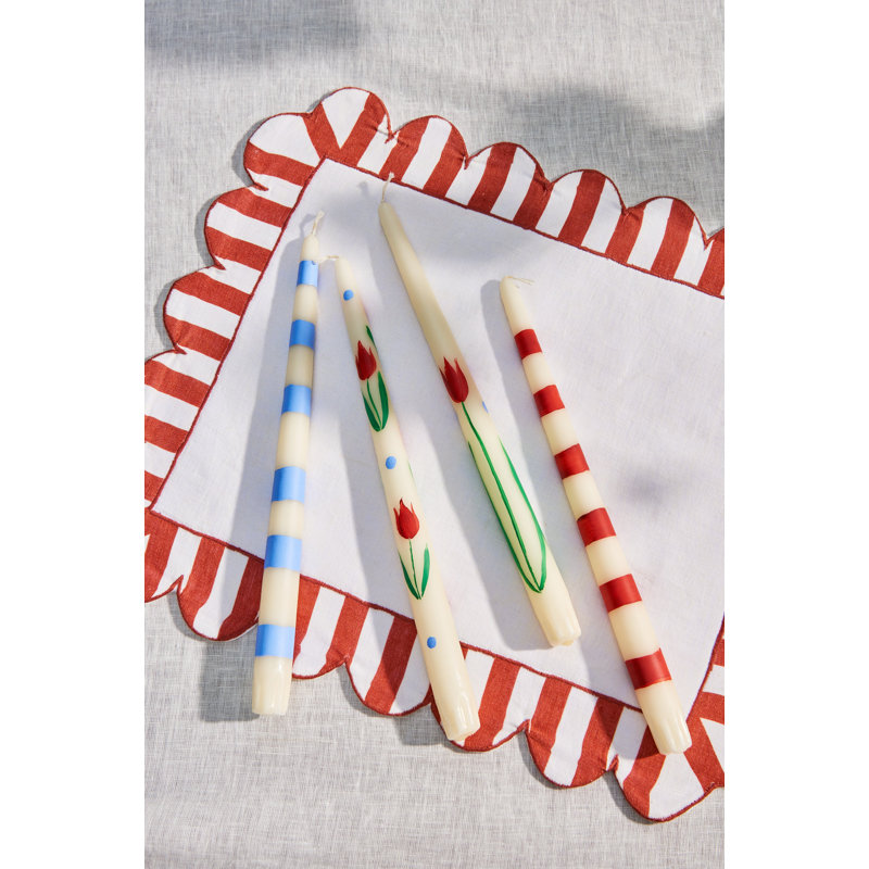 Jardin Embroidered Linen Scalloped Stripe Placemats, Red/White