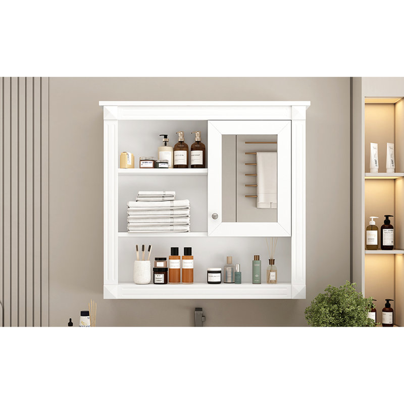 32" Bathroom Wall Cabinet Mirror, 4 Shelf Storage, Modern Bath Style With Adjustable Shelves, Neat Look, White