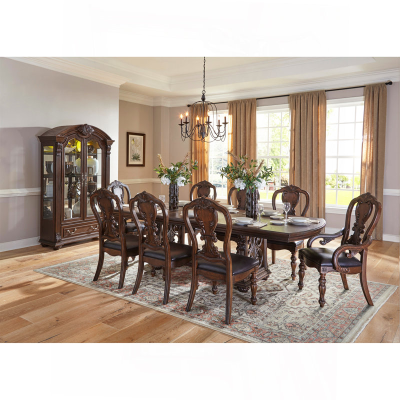 Ensemble de table de salle à manger 9 pièces avec rallonges et 6 chaises d'appoint en bois de chêne foncé Lavish Style