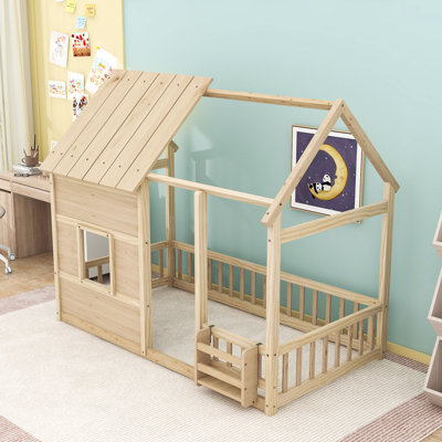 Twin Montessori House Floor Bed with LED Roof Lights and Bookshelf
