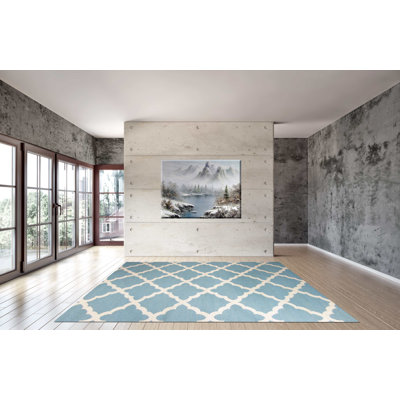 Tapis décoratif bleu/beige en laine tissé à la main à motif géométrique Buster
