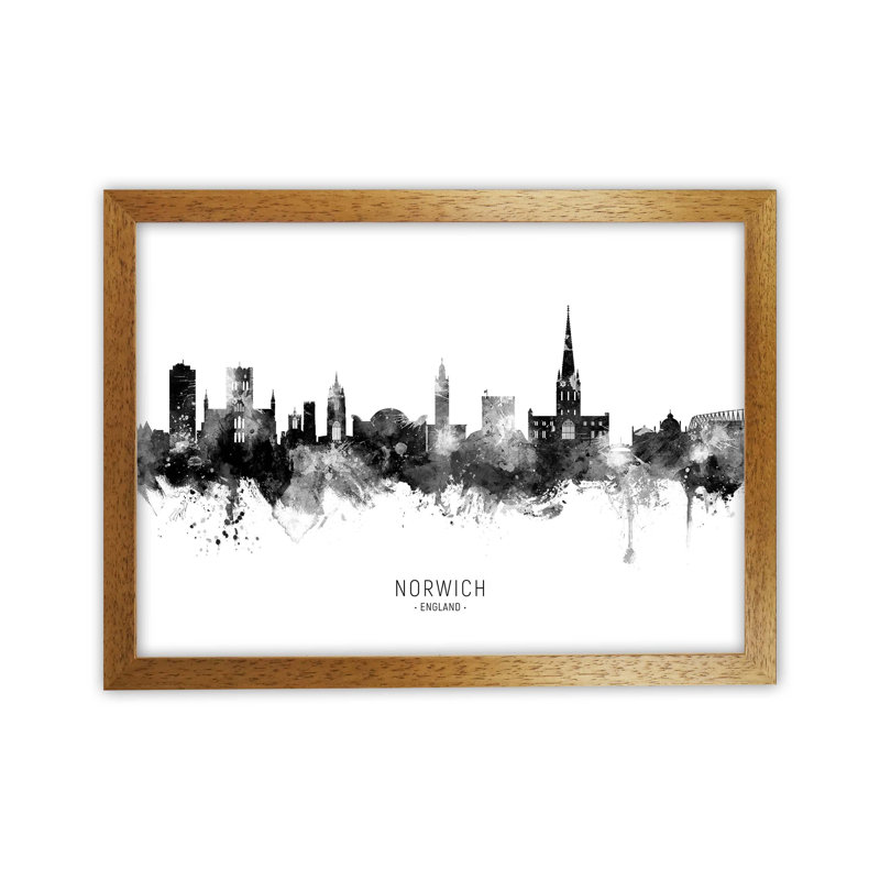 Norwich England Skyline Black White City Name by Michael Tompsett - Print, Brown Framed, 34cm H x 46cm W x 3cm D