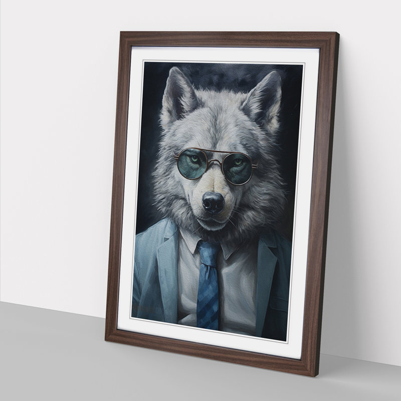 XYZ-FRM-V1223-1706 Wolf With Glasses Painting No.3 - Single Picture Frame Print on Wood, 64cm H x 46cm W x 2cm D, Walnut 