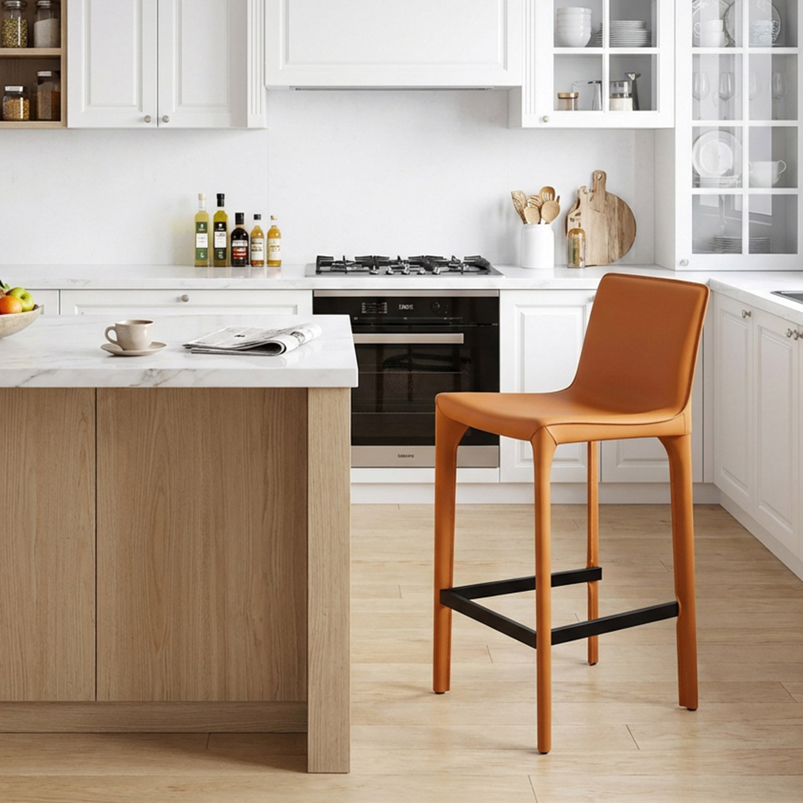 Vannes Vegan Leather Barstool, Orange, 1