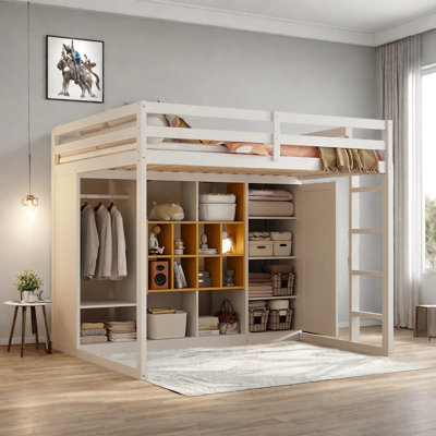Wood Loft Bed With Wardrobe, Shelves And Cabinet