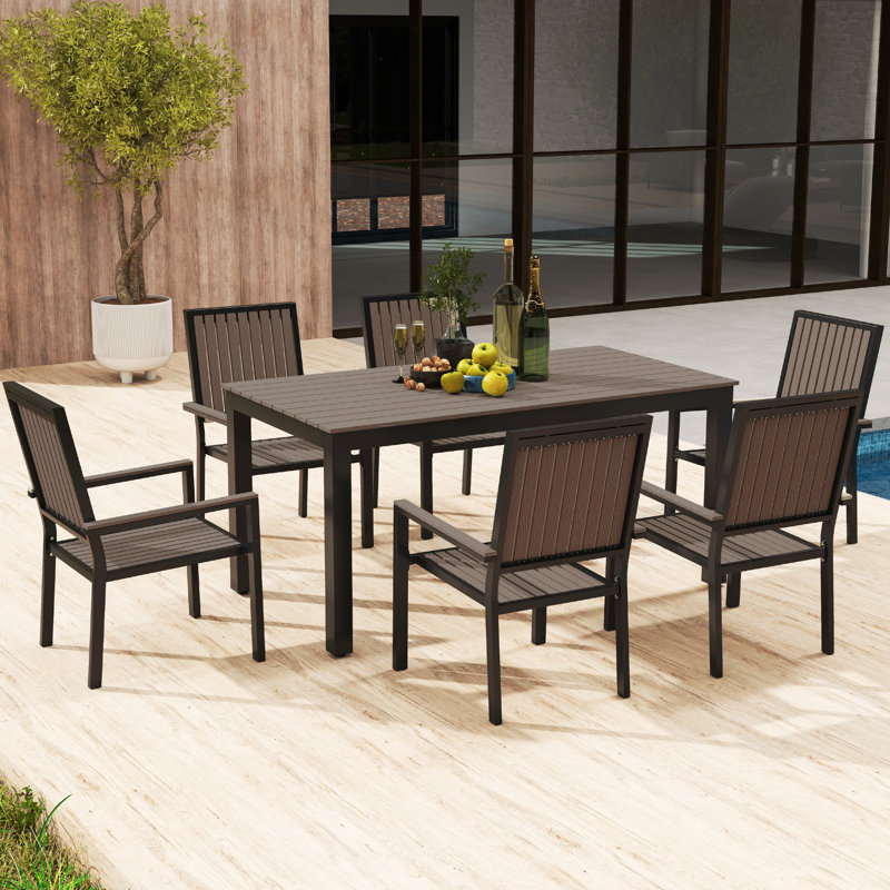 Outsunny 6 Seater Garden Dining Set with Stackable Chair Brown, Black/Brown