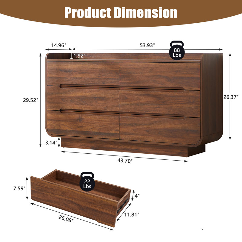 53.93"W Modern 6 - Drawer Dresser, Walnut