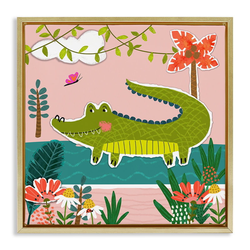 «Alligator In Swamp», art mural encadré par Tina Finn, Cadre flottant métallique doré, H 25 po x l 25 po
