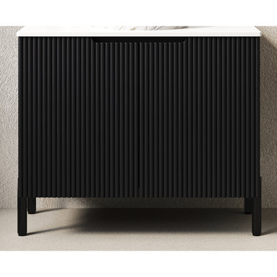 Meuble-lavabo autoportant de 30 po en noir, sans lavabo, plateau en pierre frittée blanche, armoire à deux portes, haute température, porte à rayures françaises, fermeture silencieuse, assemblage automatique avec instructions