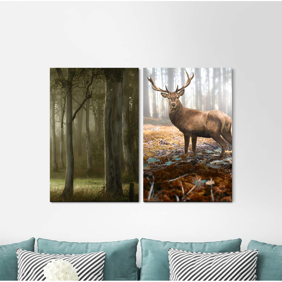 2-tlg. Leinwandbilder-Set - Fotografie „Forest Deer Antlers Deer Trees Nature Peaceful Still”