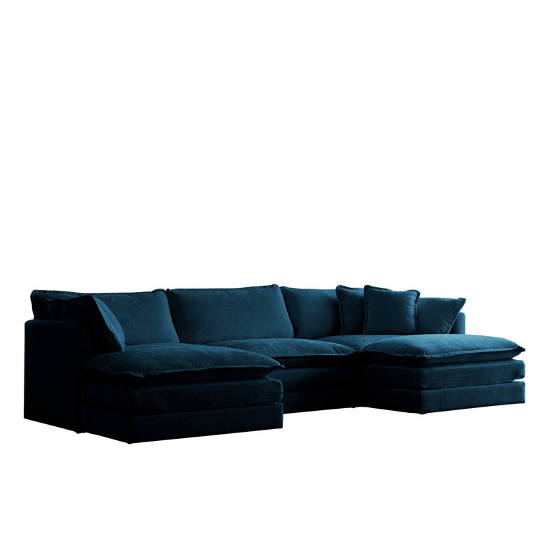 Moderne minimaliste en forme de U moderne, 5 avec 2 repose-pieds, chenille bleue, base en bois massif pour repose-pieds modulaire réversible