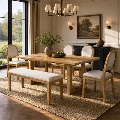 6-Piece Dining Table Set for 6, 48.1"-84.3" Extendable Solid Wood Dining Table with 4 Upholstered Chairs and Bench, Farmhouse Kitchen Table and Chairs Set for Dining Room