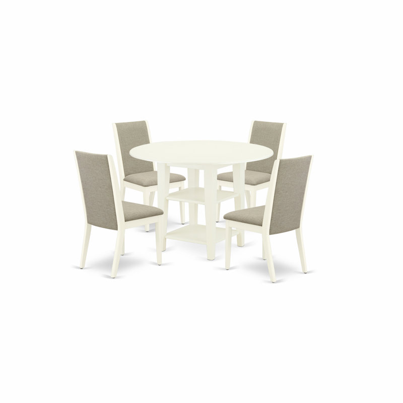 L'ensemble de 5 pièces de salle à manger comprend une table de salle à manger ronde avec Dropleaf et des tablettes et 4 chaises rembourrées en lin Shitake, blanc lin