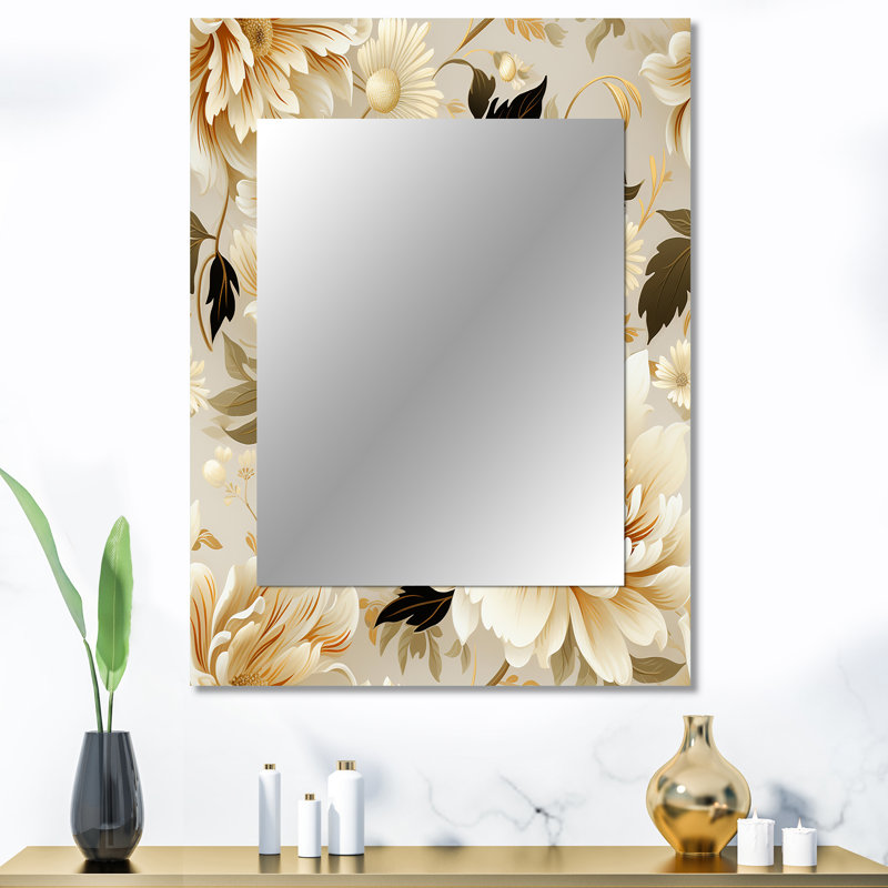 Bolanger Beige Antique Flower Harmony - Floral Decorative Mirror, Cottage Wall Mirror, Printed Metal Art, 40" x 30"
